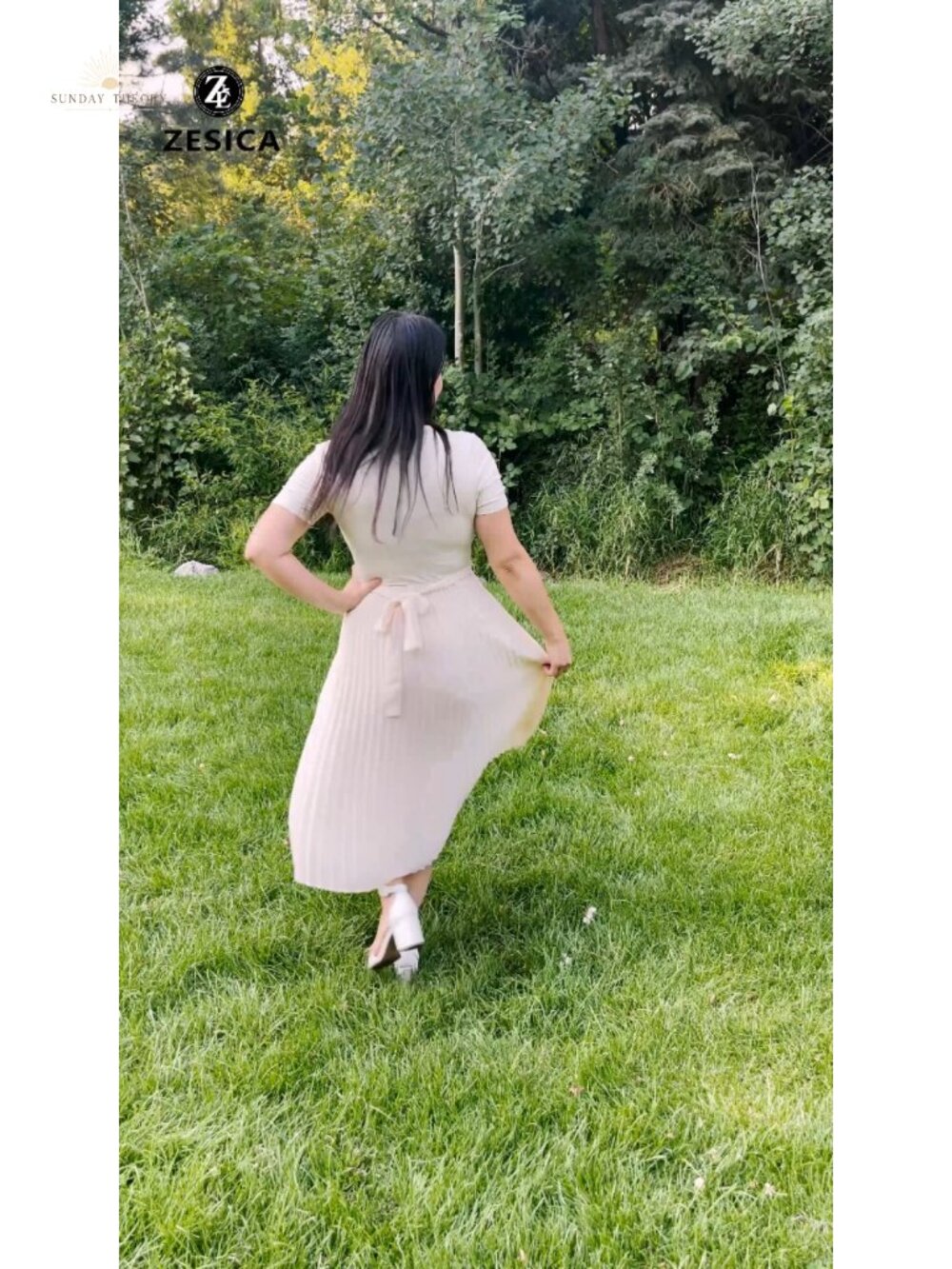 ZESICA Rib Knit Midi Dress Short Sleeve A-Line Chiffon - Picture 6 of 6